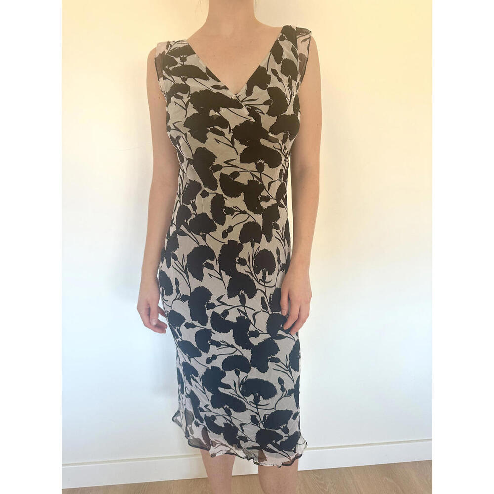 Vintage 100% Silk Black and White Floral Midi Dress - Picture 7 of 9